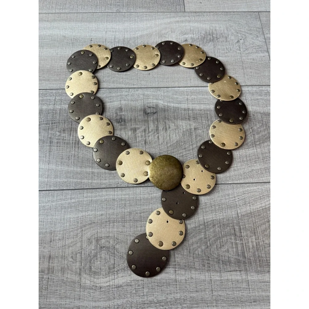 Metallic Gold Bronze Disc Studded Statement Belt Large Brass Dome Buckle